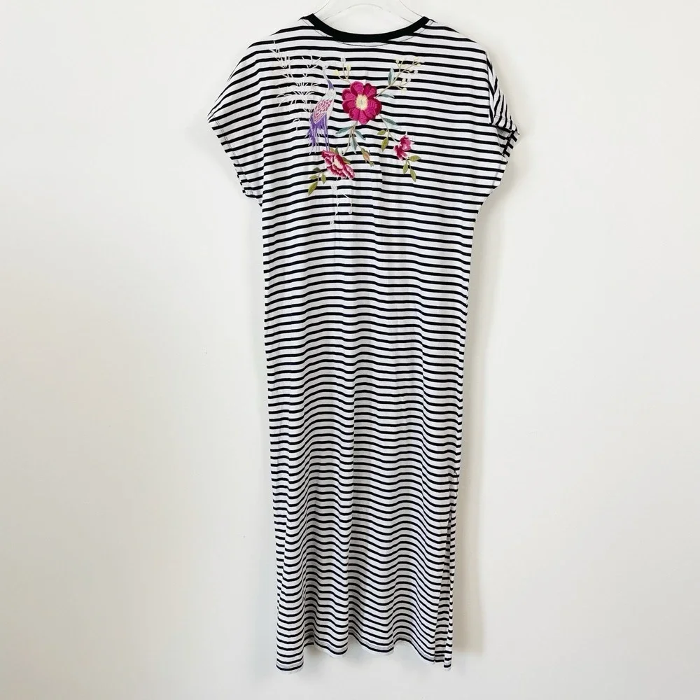 Johnny Was Osaka Dress Floral Embroidery Stripe Black & White Small NWOT Midi - Picture 3 of 11